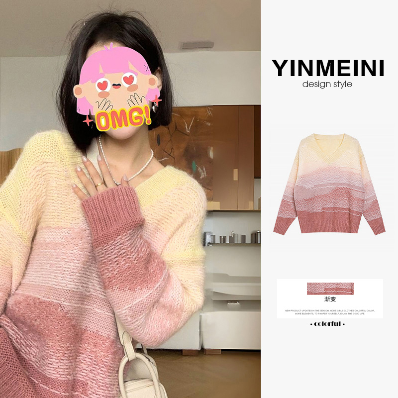Pink striped gradient V-neck sweater for women in thick winter 2023, new popular trend this year, beautiful short top