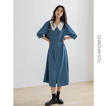 2021 spring doll collar college contrast waist thin sweet salt dress femininity French Hepburn skirt