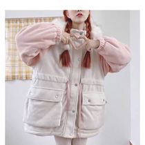 Autumn and winter soft girl cute bear embroidery hooded big fur collar lace-up long sleeve cotton jacket student middle length