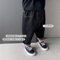 Boy baby knitted jeans spring and autumn baby wash water elastic trousers Joker children casual pants tide