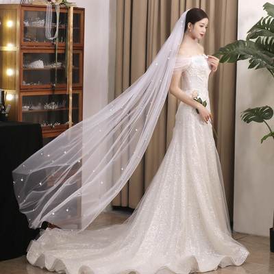 taobao agent The long model of the gauze bride's main wedding dress with pearl single -layer wedding high -level sense wedding ceremony retro