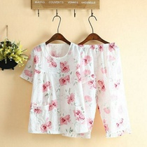 Short-sleeved Capri pants pajamas female summer middle-aged mother white big flowers thin washed cotton home suit