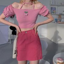 Summer new bubble sleeve Japanese sweet one-word collar strapless strap cherry embroidery short T-shirt top women