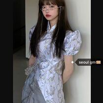 Republic of China retro sweet cool design sense bubble sleeve cheongsam top high waist thin temperament skirt two-piece set