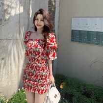 Dress women Summer temperament slim waist hip skirt 2021 New French vintage square collar floral skirt