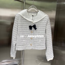 Miumi bow mesh Plaid Pearl gold buckle jacket bow with doll collar Super age reduction