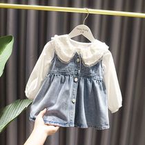 2021 Autumn New Girl suit women baby swimsuit shirt denim dress girl foreign style two-piece tide