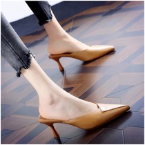 Korean version of the Baotou half slippers women wear 2021 summer leather cool drag wild middle heel pointed thin heel high heels