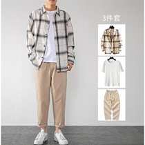 Spring and summer mens Japanese casual suit mens harbor style bf simple set of clothes students long sleeve plaid shirt