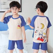 Childrens pajamas for boys summer thin short-sleeved pure cotton cartoon boy middle and large children baby summer home clothes set