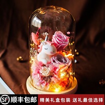 Eternal Flower Glass Cover Unicorn Gift Box rose Real Flower Dried Flower Birthday Gift for Girlfriend Girlfriend