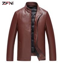 Leather mens leather short top layer cowhide stand neck plus velvet thickened detachable down urchin Haining pure leather jacket