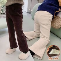 Girls mopping pants autumn and winter trumpet mopping pants children plus velvet thickened corduroy Western chenille trousers