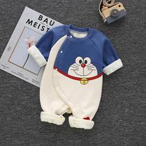 Baby plus velvet jumpsuit autumn and winter thickened baby warm clothes ha clothes climbing clothes newborn clothes autumn and winter models
