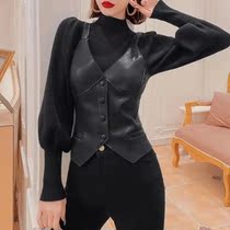 European goods 2021 early autumn new black V-neck leather vest women short style Joker coat waistcoat women