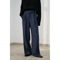 HeiNConcept design sense is not easy to wrinkle waist straps denim trousers high-rise denim blue straight leg slacks