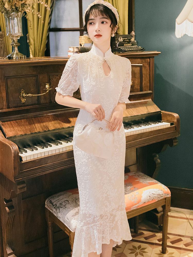 Young Cheongsam modified version of the dress female summer French retro waist thin temperament goddess fan fish tail skirt