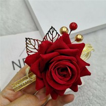 Mother-in-law floral headdress bride red hairclip rose gold leaf flower cheongsam dress stage accessories wedding headdress