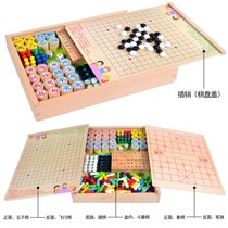 Parent-child brain three-in-one wooden puzzle board game of Go military chess gobang two-in-one package upgrade military chess Chess