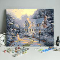 Digital oil painting diy filling winter snow scene House landscape decoration Nordic style hand drawing color oil painting