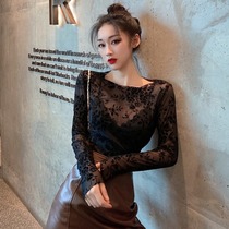 NYTS autumn new black lace mesh print base shirt foreign style slim collar inner top womens wear