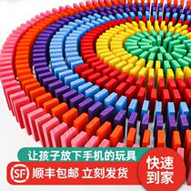 Domino childrens puzzle building blocks automatically put into small train chain reaction mechanism boy and girl toys