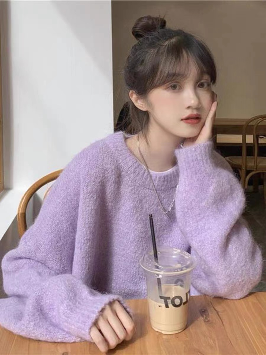 French gentle style high-end fragrant taro purple sweater women's autumn and winter clothing loose and lazy retro pullover sweater top