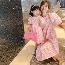 Grape new girls summer dress dress with dress and daughter dress cotton fabric skirt Han version of the princess dress wave
