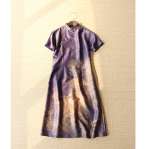 (Yunjia original) Silk plain Crepe Satin Xiangyun yarn Chinese modified Cheongsam dress with rotator sleeves Purple pear flowers