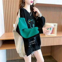 Internet Red Pregnant Woman Spring Dress Blouse blouse Han version Loose Long Sleeve Embroidered Cartoon Small Bear Splicing Necroe Girl Spring Qiu Thin