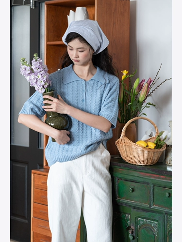 Весенний трикотажный свитер, воротник поло, короткий рукав