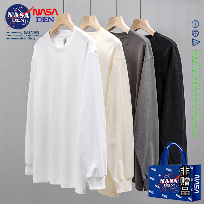 NASA collaboration heavyweight pure cotton long sleeved t-shirt for men's spring and autumn hoodies with round neck and white inner layer base shirt 080999