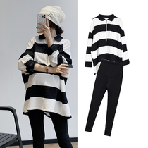 Pregnant women autumn coat Net red stripe polo collar jacket pregnant women belly pants two-piece loose tide mother