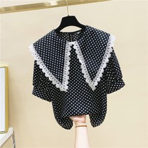 Tide brand lace doll collar polka dot short-sleeved chiffon shirt womens 2021 summer new design sense niche foreign style top