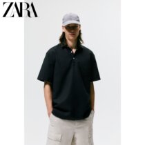 ZARA summer new mens black cotton linen blend short sleeve lapel POLO T-shirt 07545315800