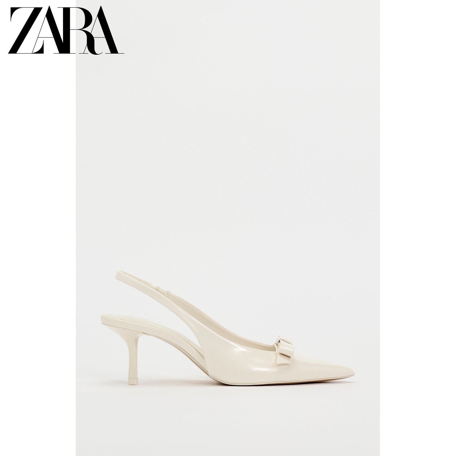 ZARA 春の新作婦人靴 パテントレザー リボン飾り ポインテッドトゥ スリングバック ミュール ハイヒール 2266310 002