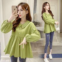 Pregnant women autumn T-shirt fashion suit Korean long sleeve loose age reduction belly doll shirt short maternity coat