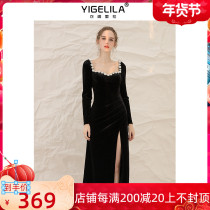 The cabinet lire black Annual Meeting banquet dress Womens Light luxury temperament square collar fishtail skirt velvet dress velvet dress autumn and winter