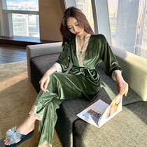 LY Babynico autumn and winter long sleeve gold velvet suspender three-piece female sexy lace nightgown can be worn outside
