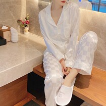 LY Babynico ~ luxury plaid suit pajamas female summer simulation silk sexy long sleeve cardigan simple set