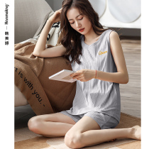Pajamas womens summer thin vest shorts cotton two-piece summer sleeveless large size home wear solid color suit