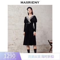 MAXRIENY Velvet Tea Break Skirt 2022 Winter New Lace Dress Extra Long Skirt