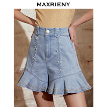 MAXRIENY2021 summer new denim shorts women stretch breathable high waist jeans temperament ruffle hem