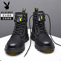  Playboy Martin boots mens high-top British style leather tooling boots heightening tide boots black all-match leather boots mens shoes