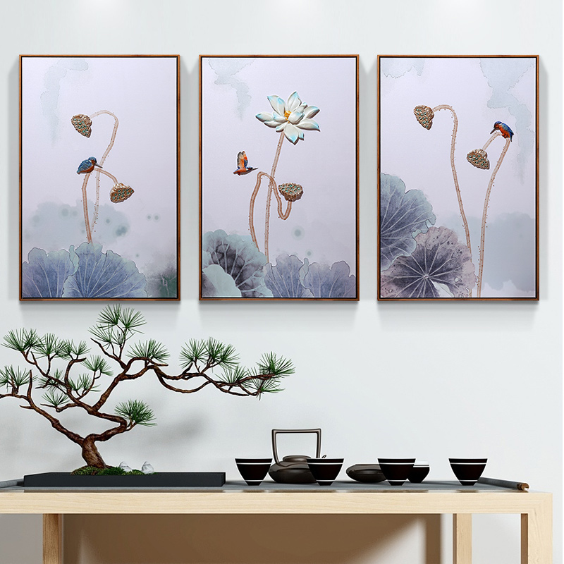 New Chinese-style hanging paintings 3D murals porch wall decoration vertical version tea room decoration Zen background wall living room decoration