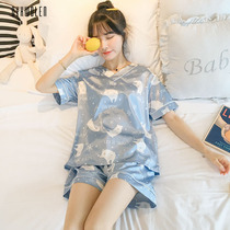 Ice silk pajamas womens summer silk short-sleeved shorts thin 2021 new silk cartoon homewear two-piece set