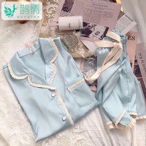 M-5XL ice silk pajamas womens spring and summer long-sleeved thin Korean version of the suit plus size simulation silk autumn and winter home clothes