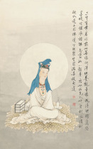 High definition copy of the famous Chinese character painting Xia Jingshan Bodhi leaf sit-in-Guanyin 51x81cm