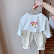 top 2021 new foreign style childrens clothing childrens long-sleeved T-shirt swimsuit pure cotton men and women children white wild base 3