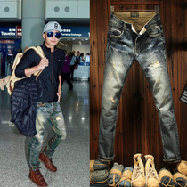 Hong Kong Tide Nicholas Tse jeans mens autumn new hole slim straight tube trend casual small feet trousers